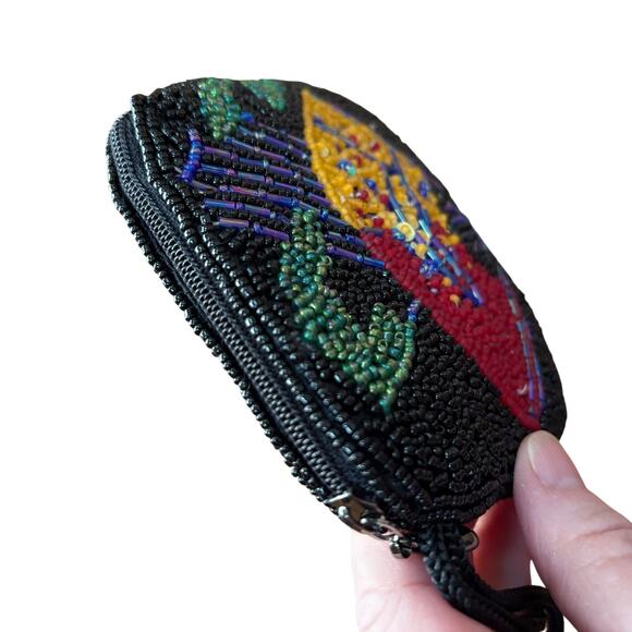 Chico’s beaded coin purse Asian Fan motif multi color seed beads zips closed - Picture 7 of 7